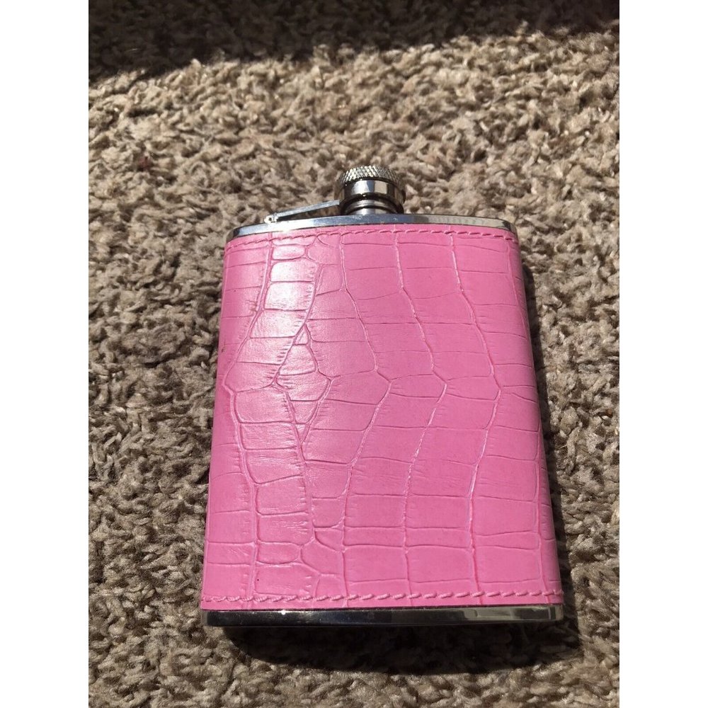 Pink Faux Leather Wrap  6oz Stainless Steel Flask with Polished Finish